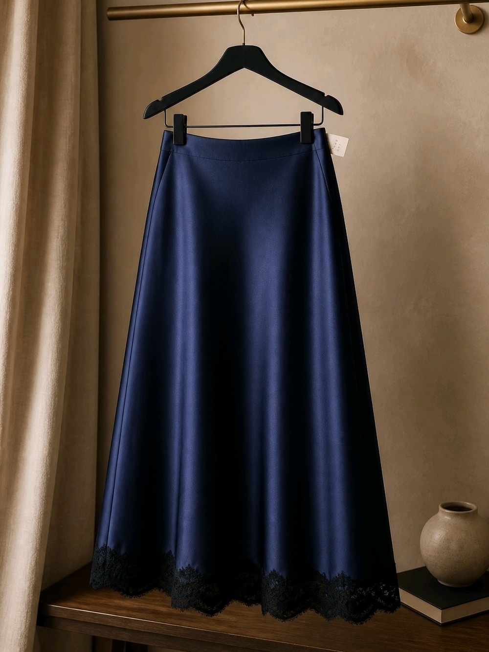 a new day Navy Satin A-Line Skirt with Black Lace Hem